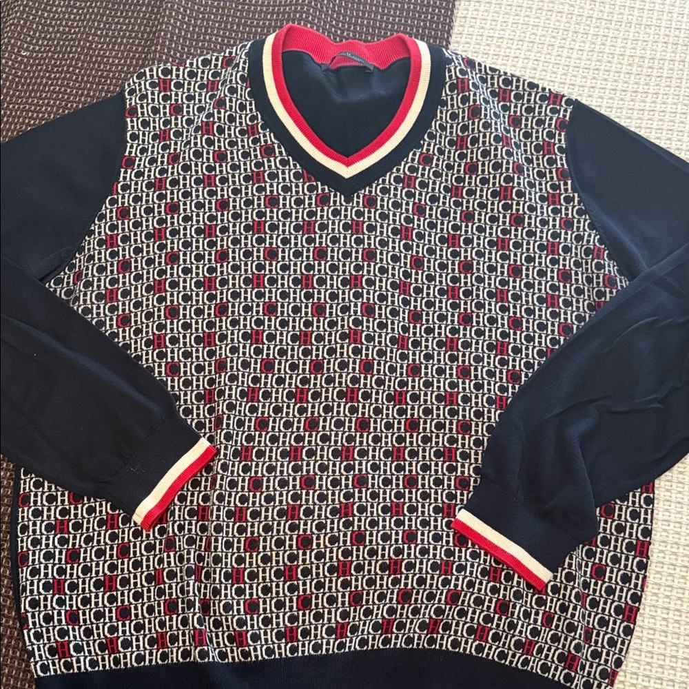 Monogram Navy & Red V-Neck Sweater